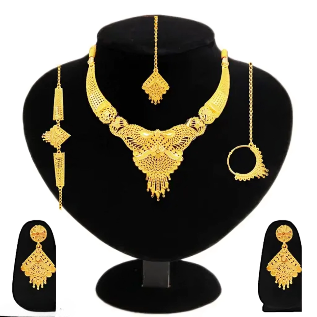 SDR Golden Necklace with earrings nathiya maangtika and bracelet set jewellery set