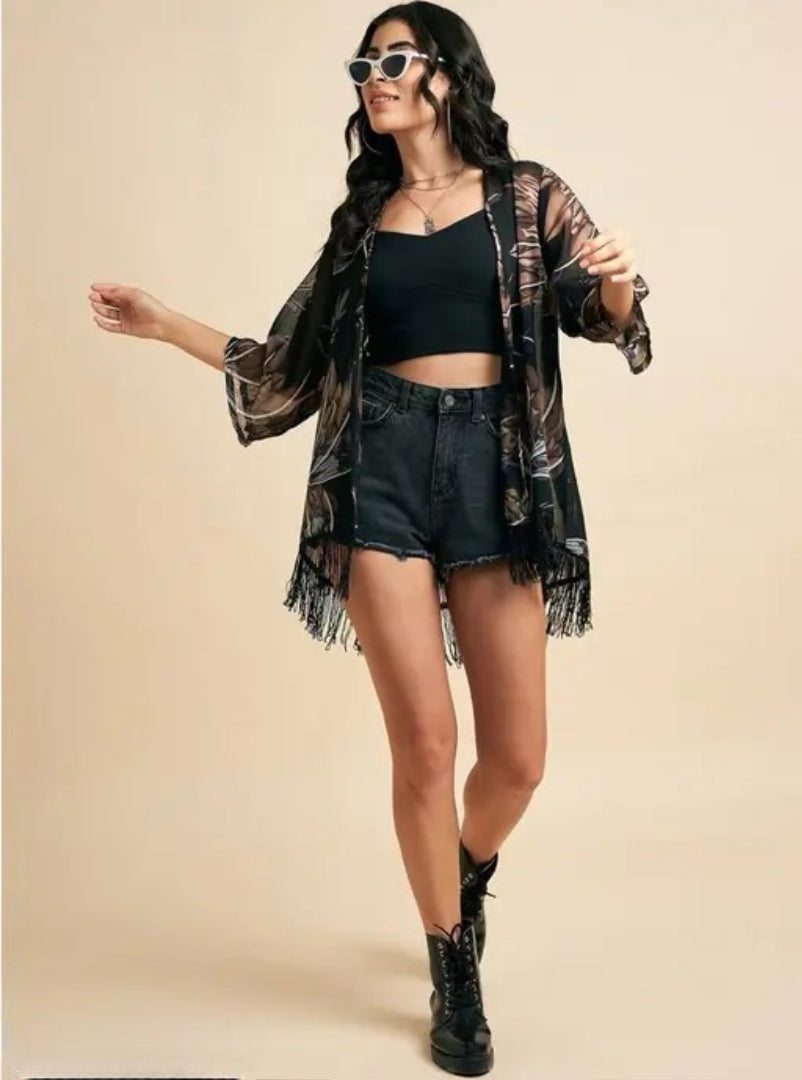 Floral Printed Open Front Georgette Longline Shrug