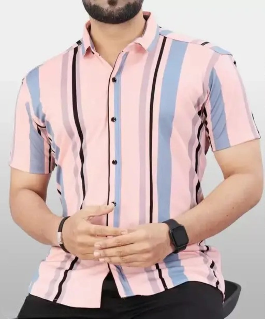 STI Men's Vertical Stripes Regular Spread Collar Pink Shirts