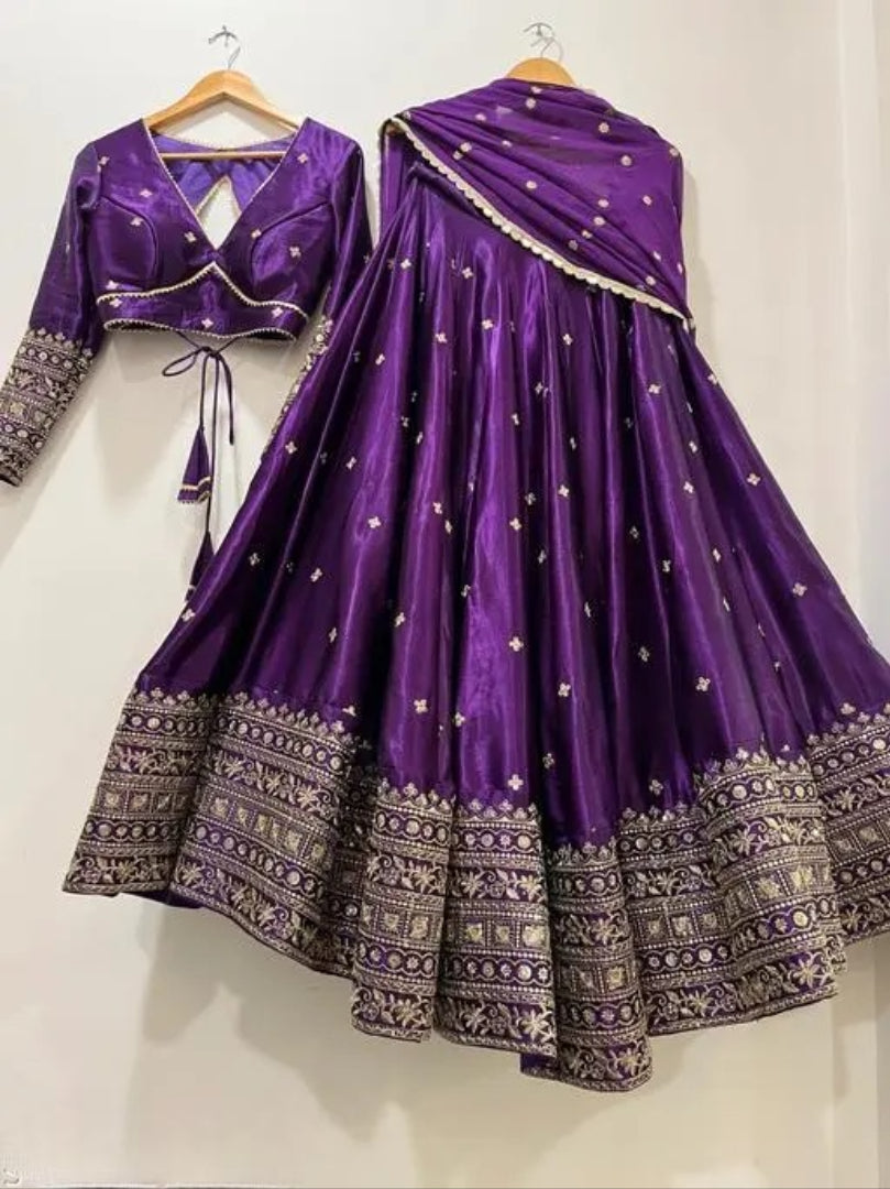Silk Embroidered Purple Semi-Stitched Lehenga with Unstitched Blouse and Georgette Dupatta