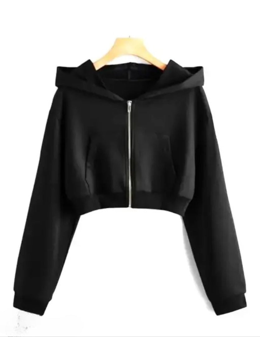 Women Full Sleeve Solid Black Hooded Sweatshirt