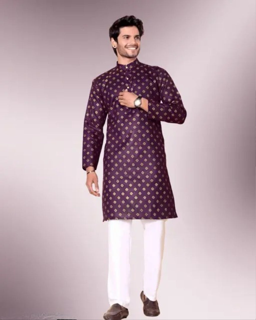 (ONLY KURTA) Traditional Embroidery Foiled Work Kurta For Mens