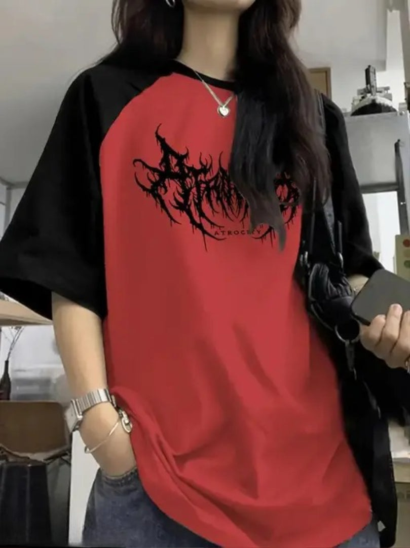 Sixteenlines Graphic Printerd Round Neck Red Colour Raglan Sleeves Oversize T-Shirt