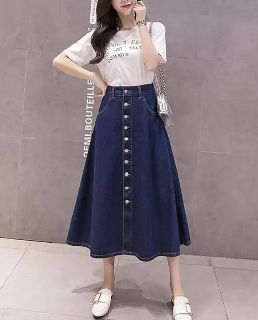 Stylish Navy Blue A-Line Maxi Denim Skirt for Women | High Waist Buttoned Long Skirt with Flowy Fit 2000