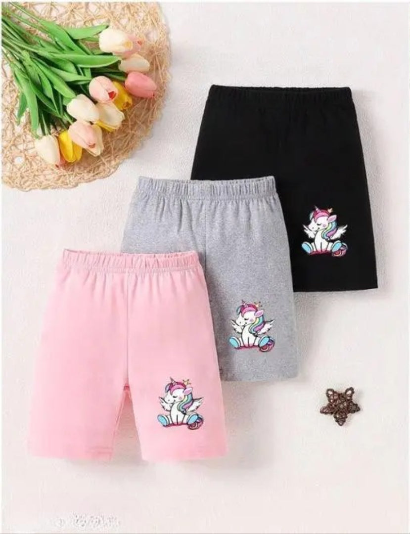 MANOHUNT Girls Multicolour Cotton UNICORN Shorts & Capris Pack of 3 | Girls Regular Shorts