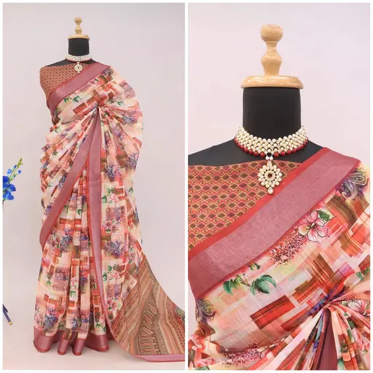 Saree with floral pattern on a mannequin against a white background