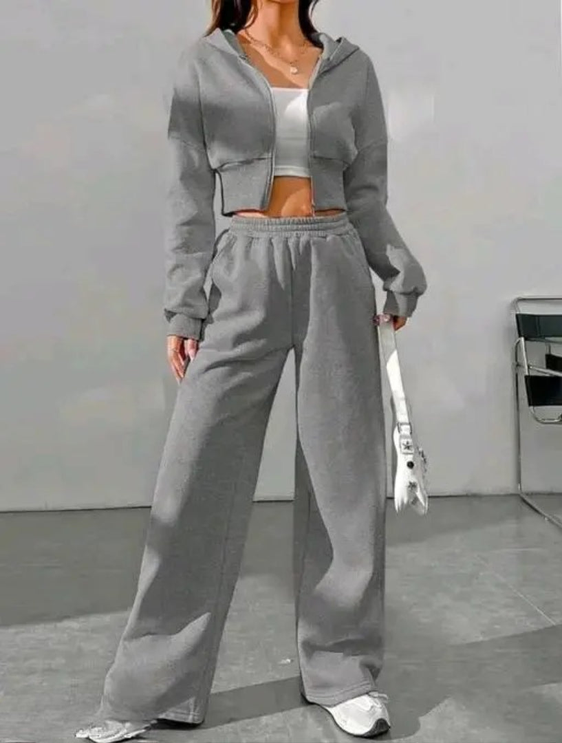Women’s Grey Hoodie Jogger Set | Zip-Up Crop Hoodie & Wide-Leg Pants | Casual Co-Ord Tracksuit