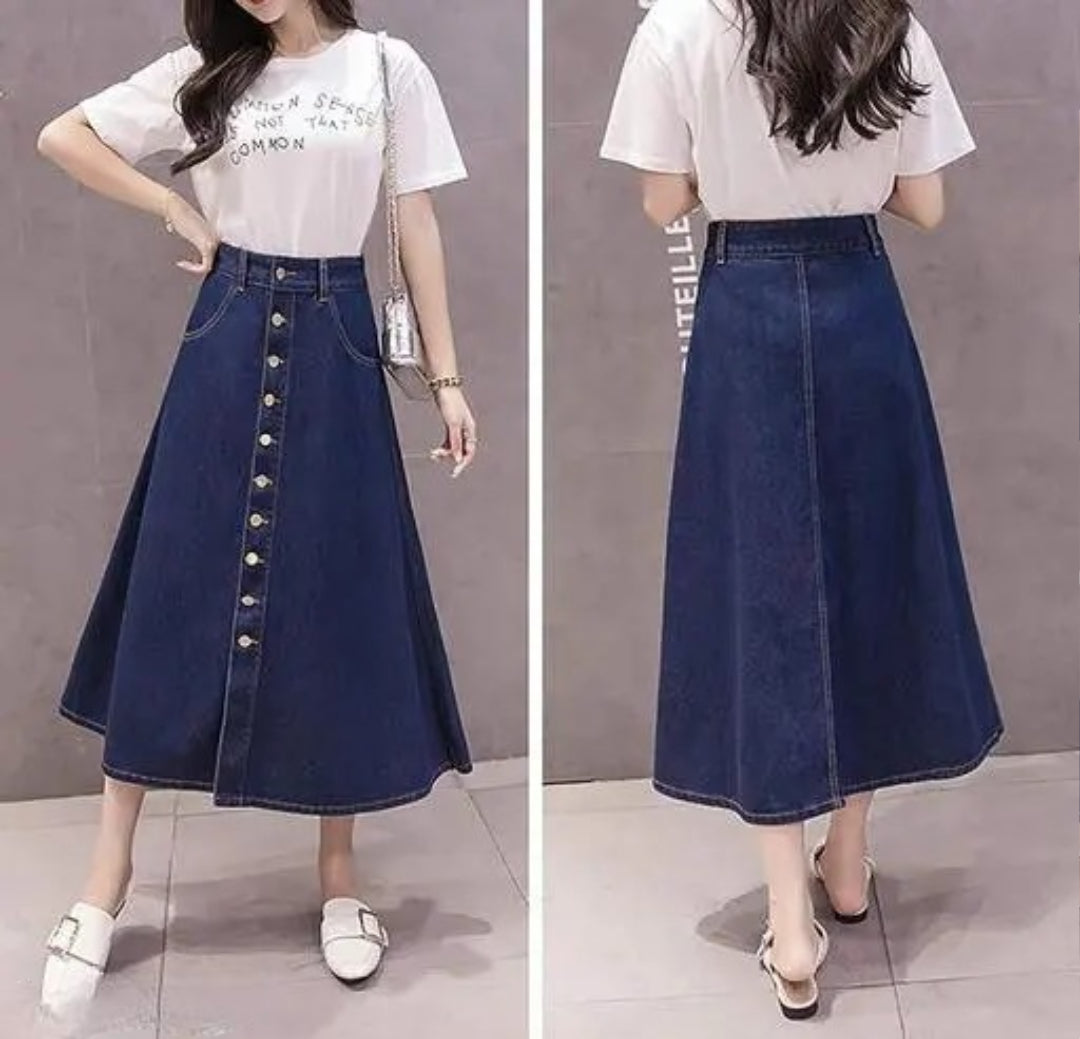 Stylish Navy Blue A-Line Maxi Denim Skirt for Women | High Waist Buttoned Long Skirt with Flowy Fit 2000