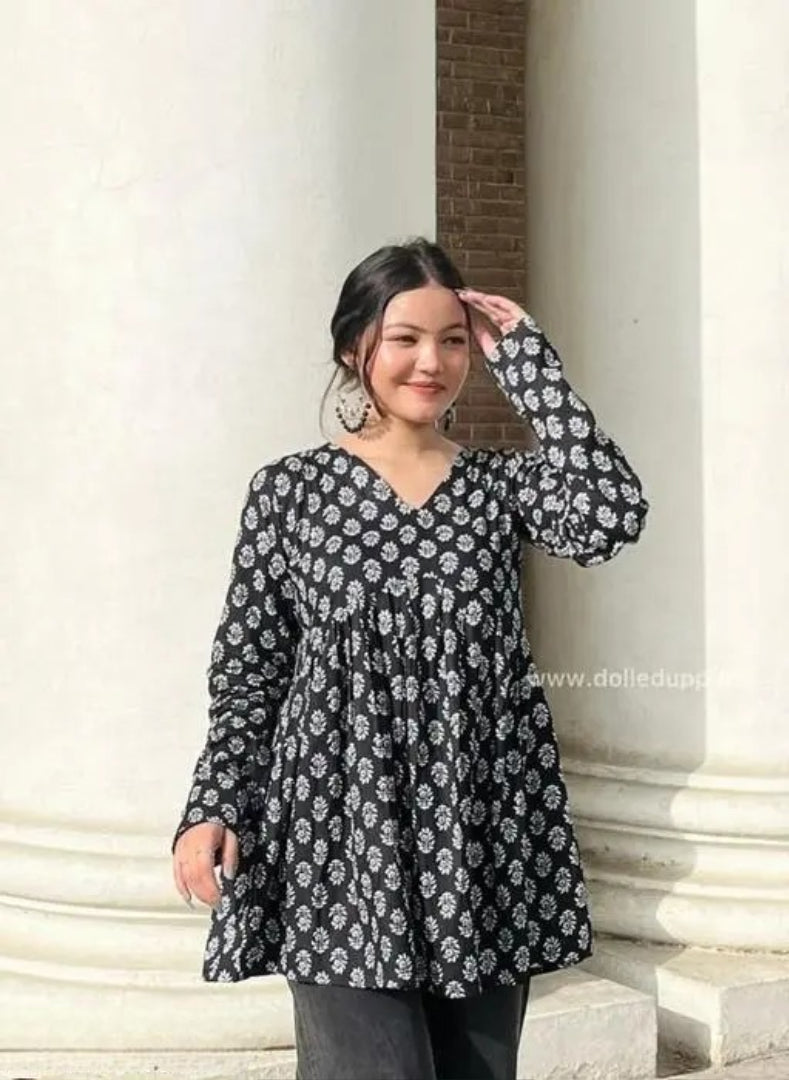 Cotton Beautiful Black Printed Women top And Tunics for women ,New Trendy Short Kurtis For Girls