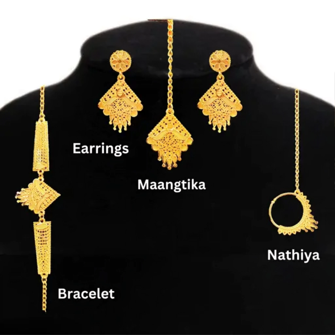 SDR Golden Necklace with earrings nathiya maangtika and bracelet set jewellery set