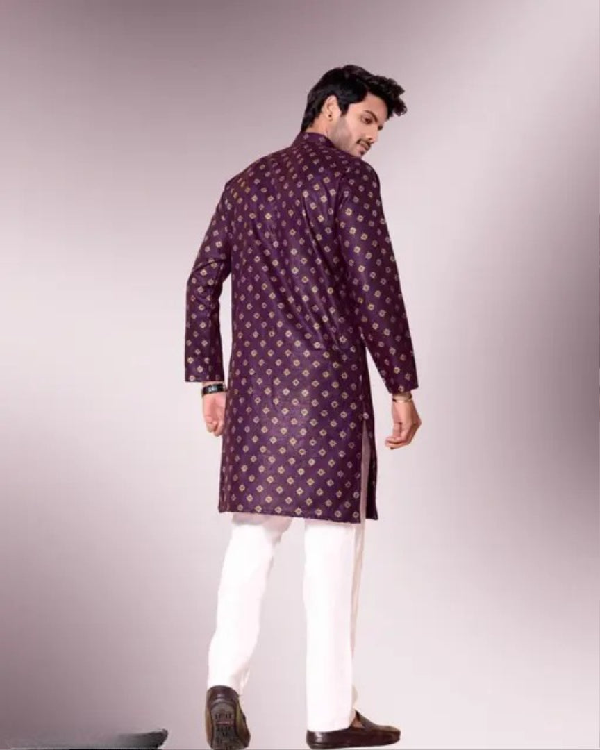 (ONLY KURTA) Traditional Embroidery Foiled Work Kurta For Mens