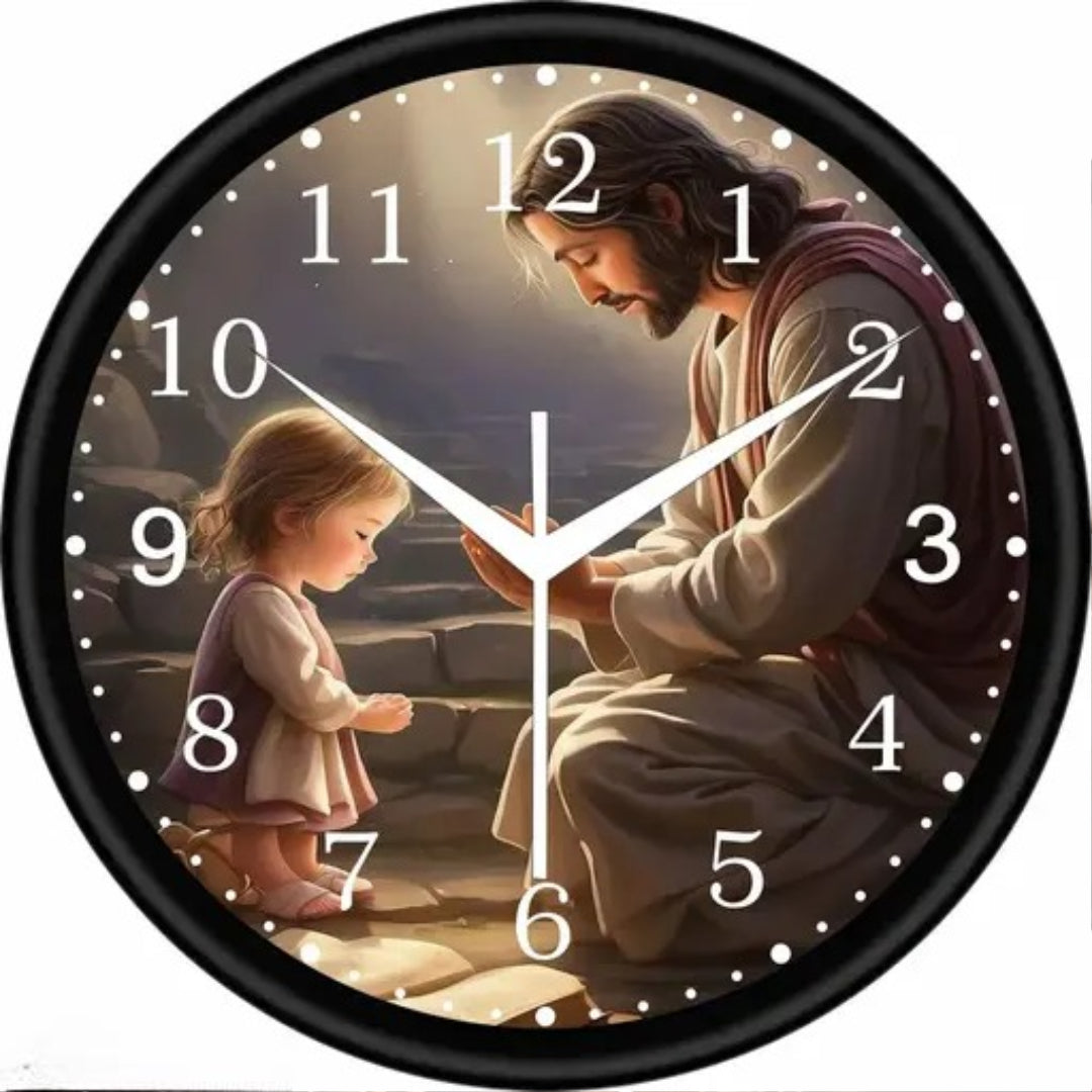WELFARE INDIA 25x25 cm Decorative yesu jesus Christian god wall clock for home for Living room/ OFFICE – Black, White & Gold | Plastic & Glass Round Clock for Home & Office Decor yesu jesus Christian god wall clock best price
