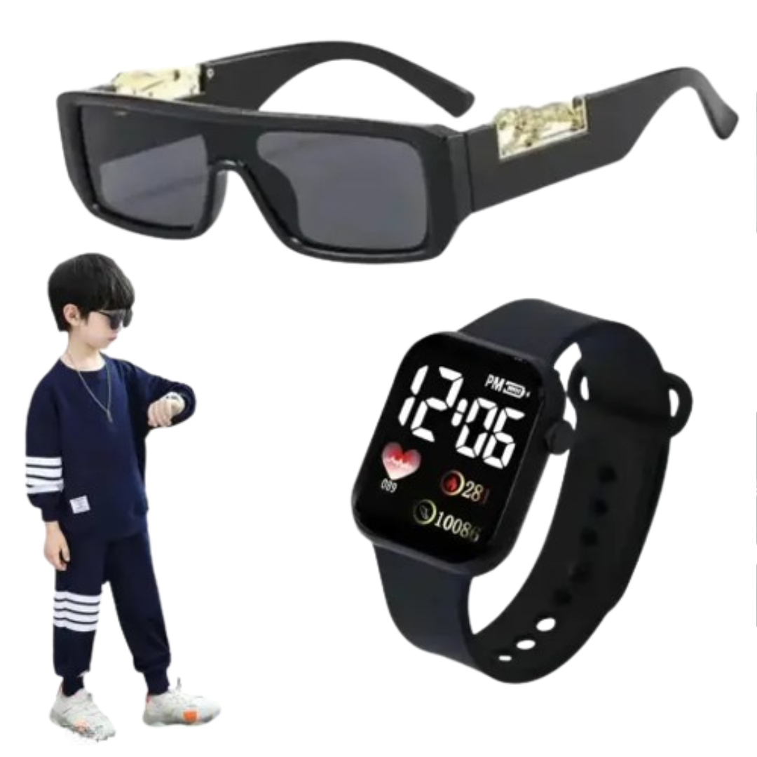 Black Kids Sunglasses Digital Watch for Boys Combo Set of 2 For 3-8 Years Age