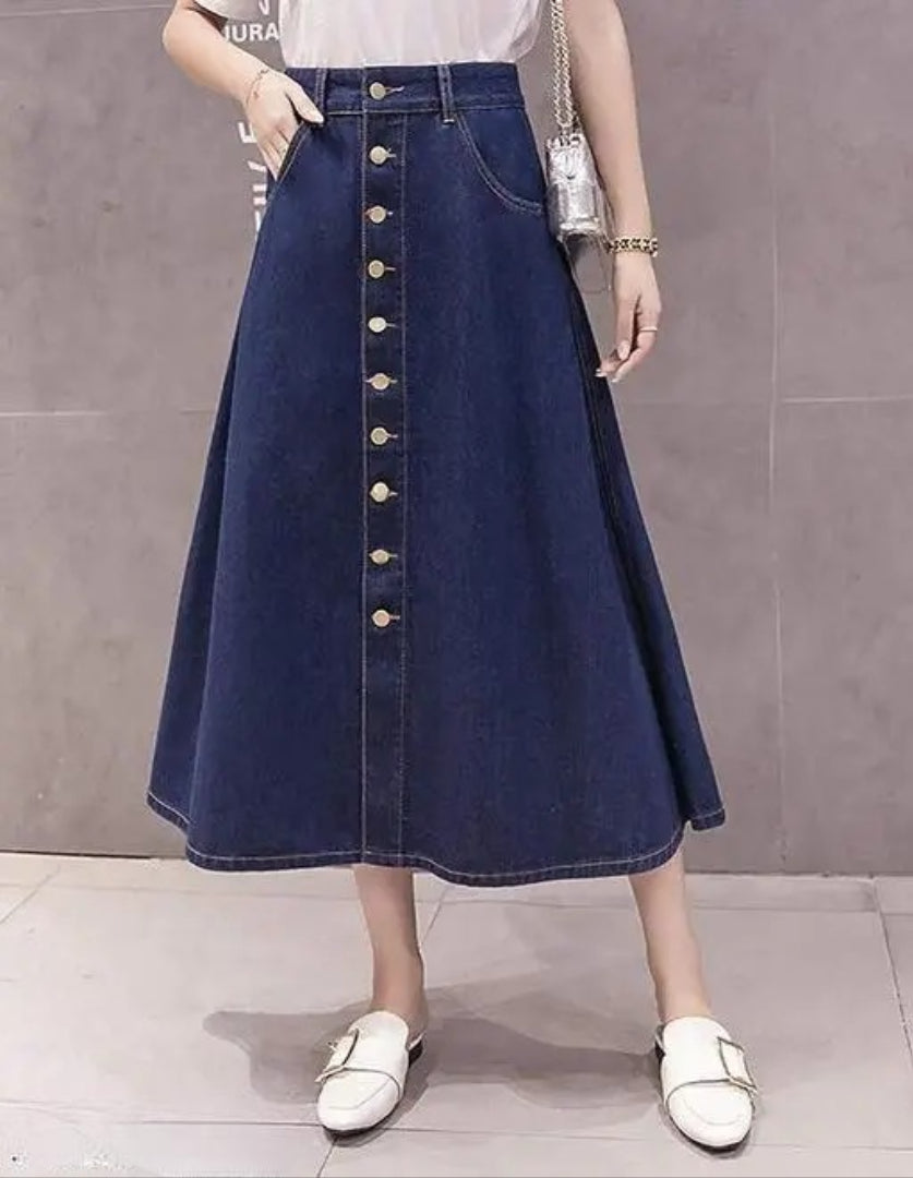 Stylish Navy Blue A-Line Maxi Denim Skirt for Women | High Waist Buttoned Long Skirt with Flowy Fit 2000
