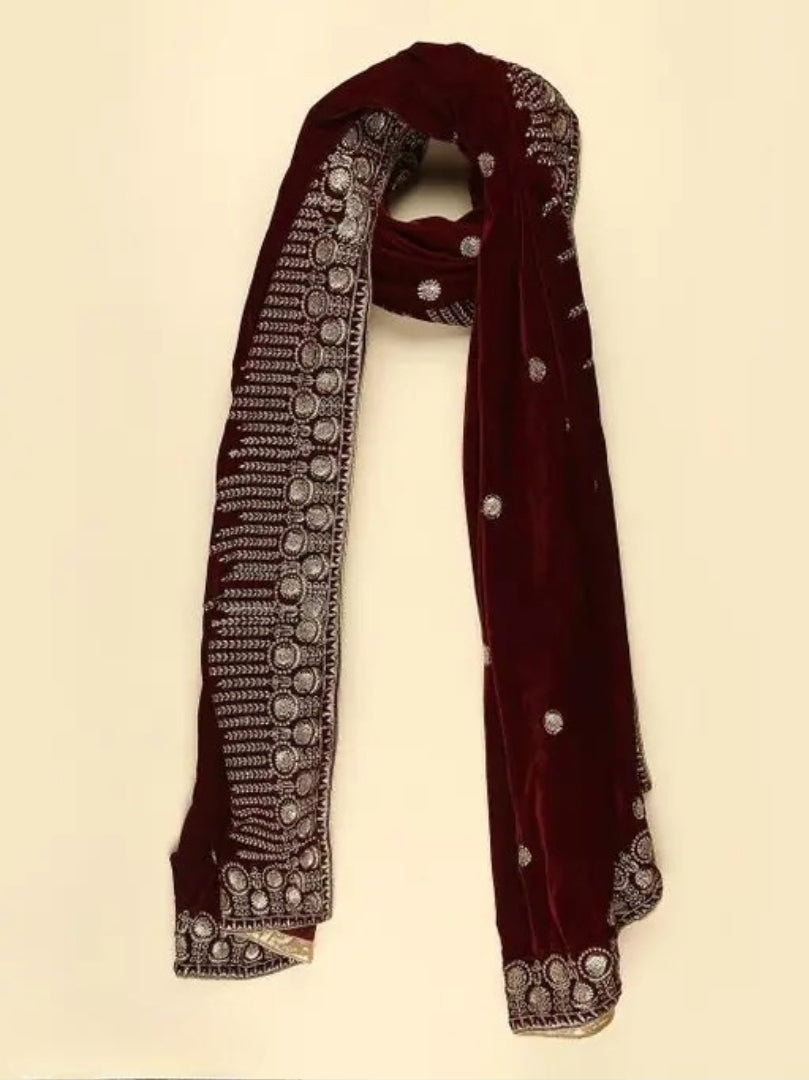 Men's Maroon Velvet Embroidered Dupatta for Sherwani | Wedding Groom Stole