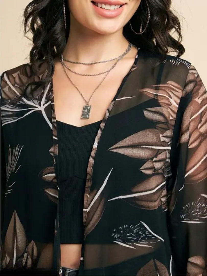 Floral Printed Open Front Georgette Longline Shrug