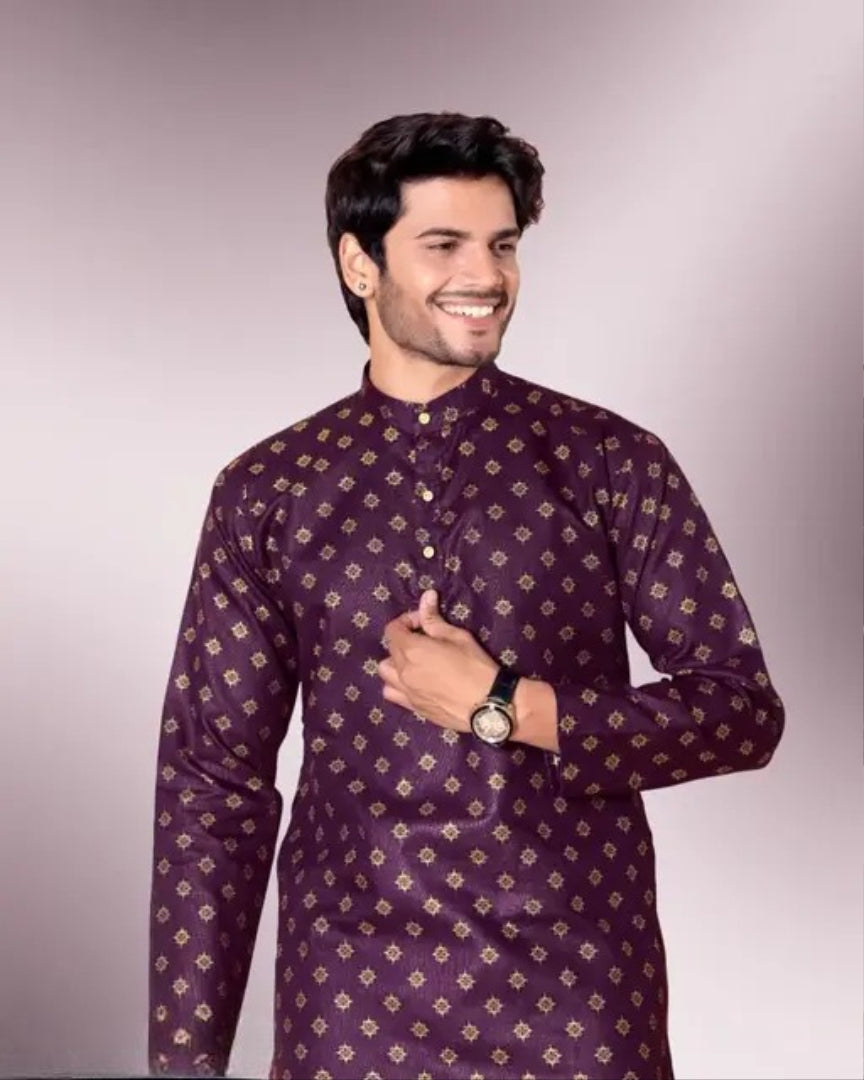 (ONLY KURTA) Traditional Embroidery Foiled Work Kurta For Mens