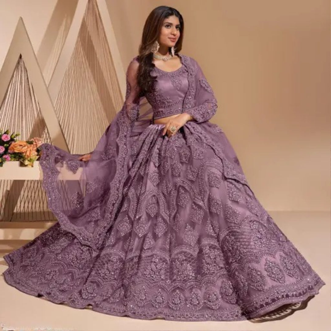Embroidered Thread Work Semi-Stitched Lehenga with Unstitched Blouse and inner fabric with Stitched Dupatta