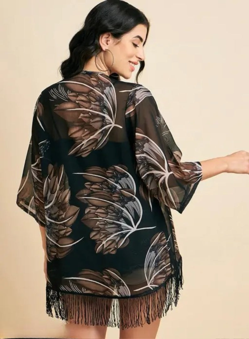 Floral Printed Open Front Georgette Longline Shrug