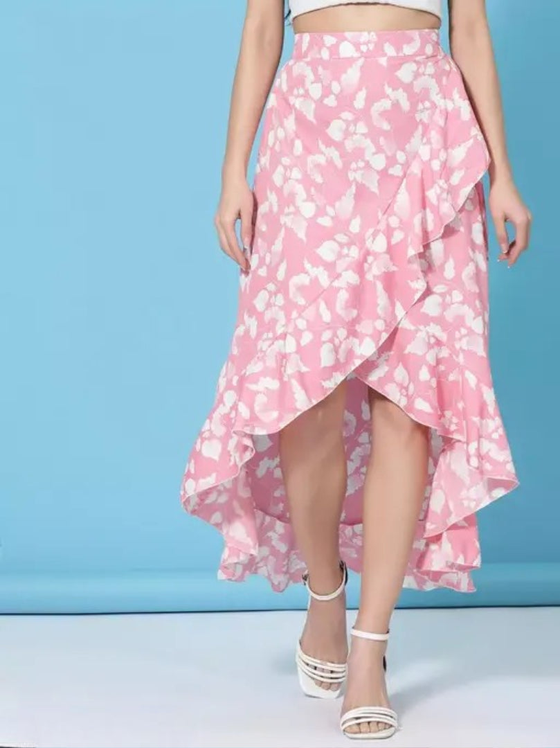 OOMPH Women's Floral Asymmetric Pink Skirts