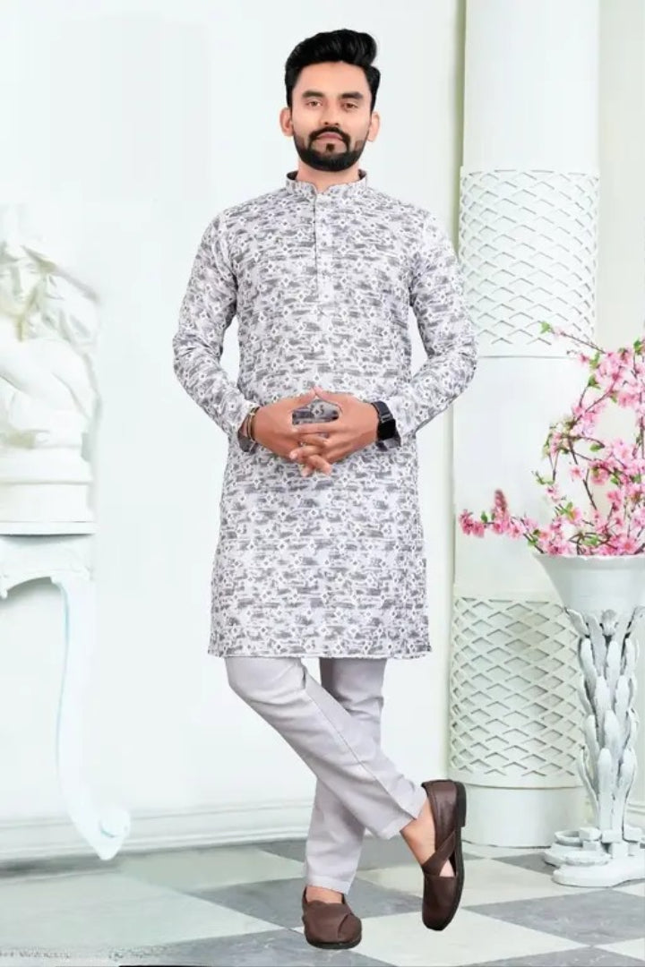 Men Self Design Cotton Blend Straight Kurta Set