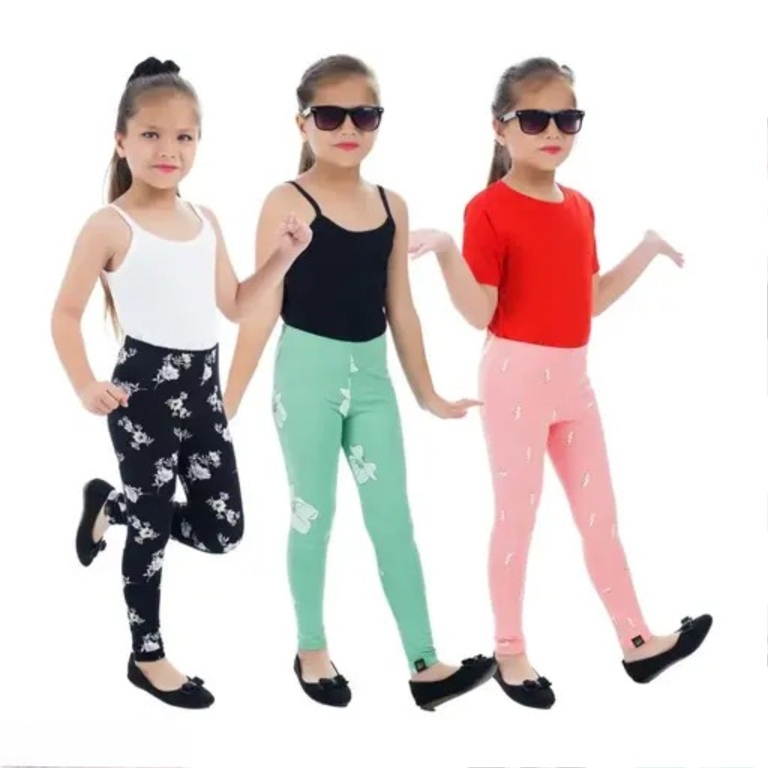 NIK & KNIT Premium Stretchable Printed Leggings for Girls/Kids | Combo Legging | Multi Purpose Bottom Wear (Top/Tshirt NOT Included) (Pack of 3 Leggings)