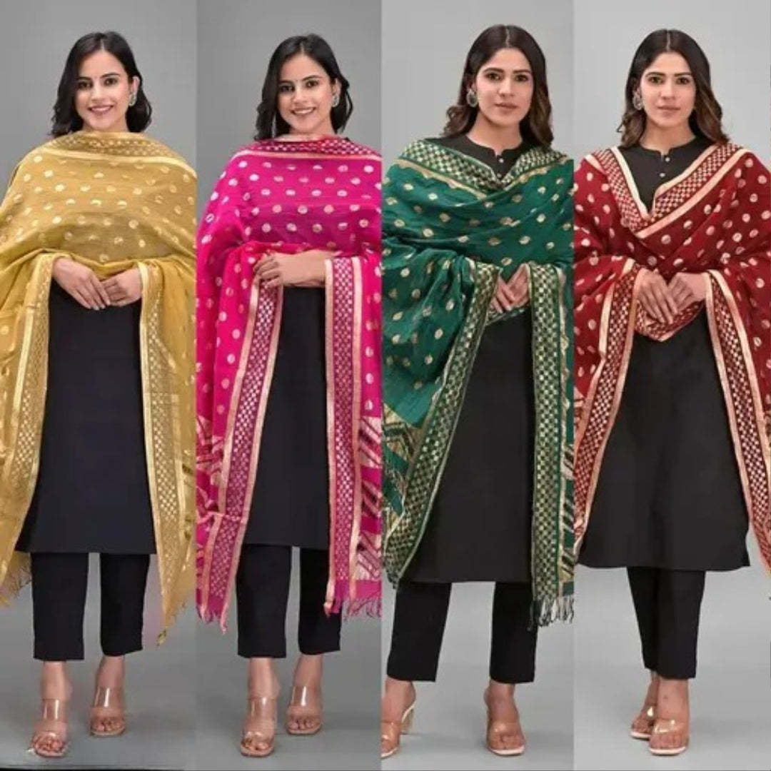UNLEASH YOUR INNER FASHIONISTA WITH A SET OF 4 DESIGNER BANARASI RUFFLE SILK GOLD ZARI WORK DUPATTAS FOR WOMEN [COMBO OF 4] [CHIKU ,RANI ,BOTTLE GREEN ,MAROON]