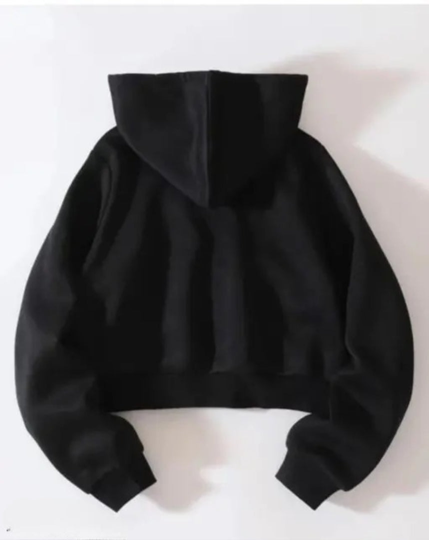 Women Full Sleeve Solid Black Hooded Sweatshirt