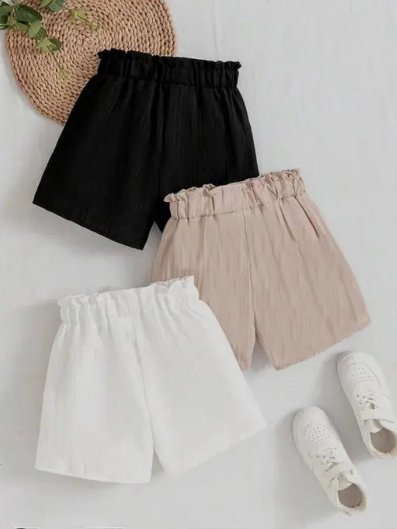 Girls’ High-Waist Paperbag Shorts – Pack of 3 (Black, Beige, White)