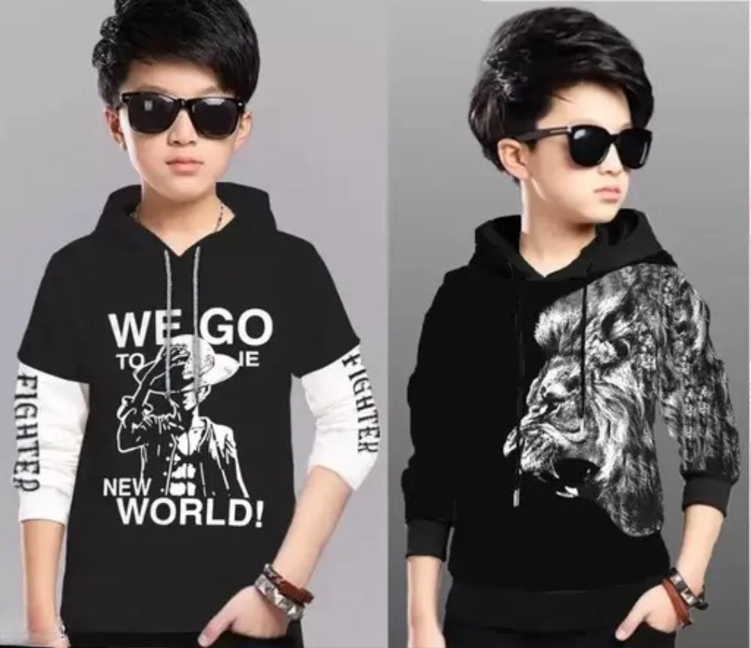 Kids Boys & Girls Hooded Neck Full Sleeves Regular Fit Printed T Shirt, Pack of 2