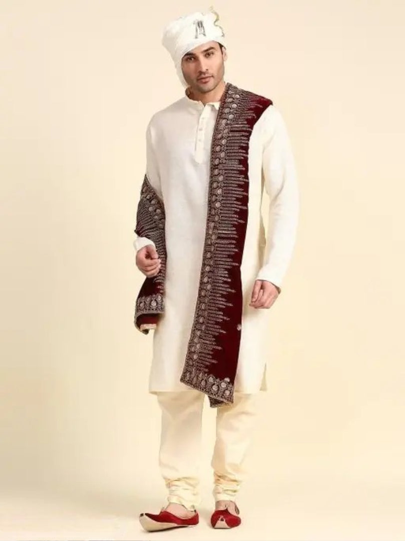 Men's Maroon Velvet Embroidered Dupatta for Sherwani | Wedding Groom Stole