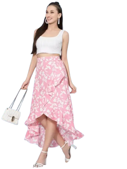OOMPH Women's Floral Asymmetric Pink Skirts