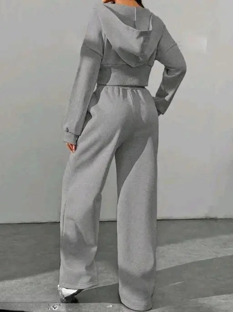 Women’s Grey Hoodie Jogger Set | Zip-Up Crop Hoodie & Wide-Leg Pants | Casual Co-Ord Tracksuit