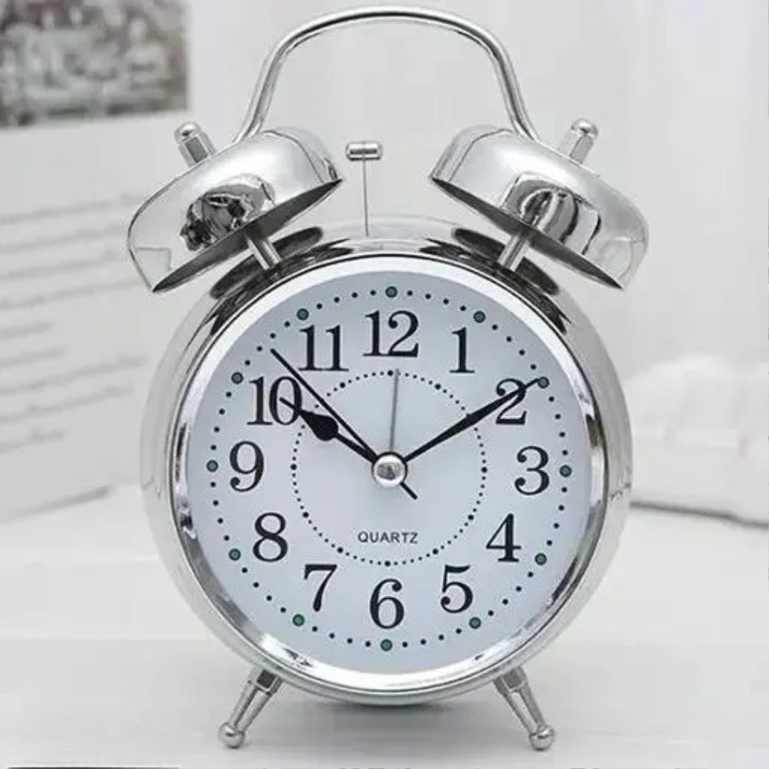 Twin Bell Silver Alarm Clock Clock Table Top Alarm Clock white with Night LED Light Display Alarm Clock for Bedroom Heavy Sleepers Kids and Students Alarm Clock Non-Ticking (White)
