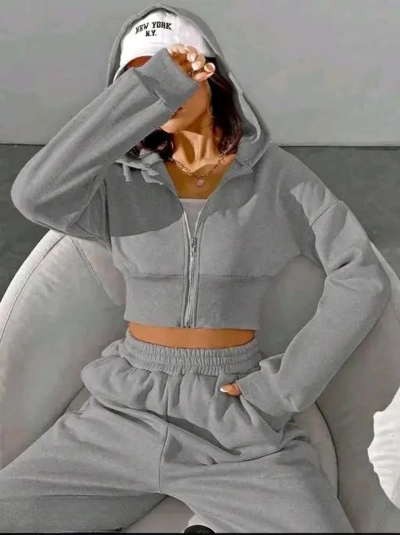 Women’s Grey Hoodie Jogger Set | Zip-Up Crop Hoodie & Wide-Leg Pants | Casual Co-Ord Tracksuit