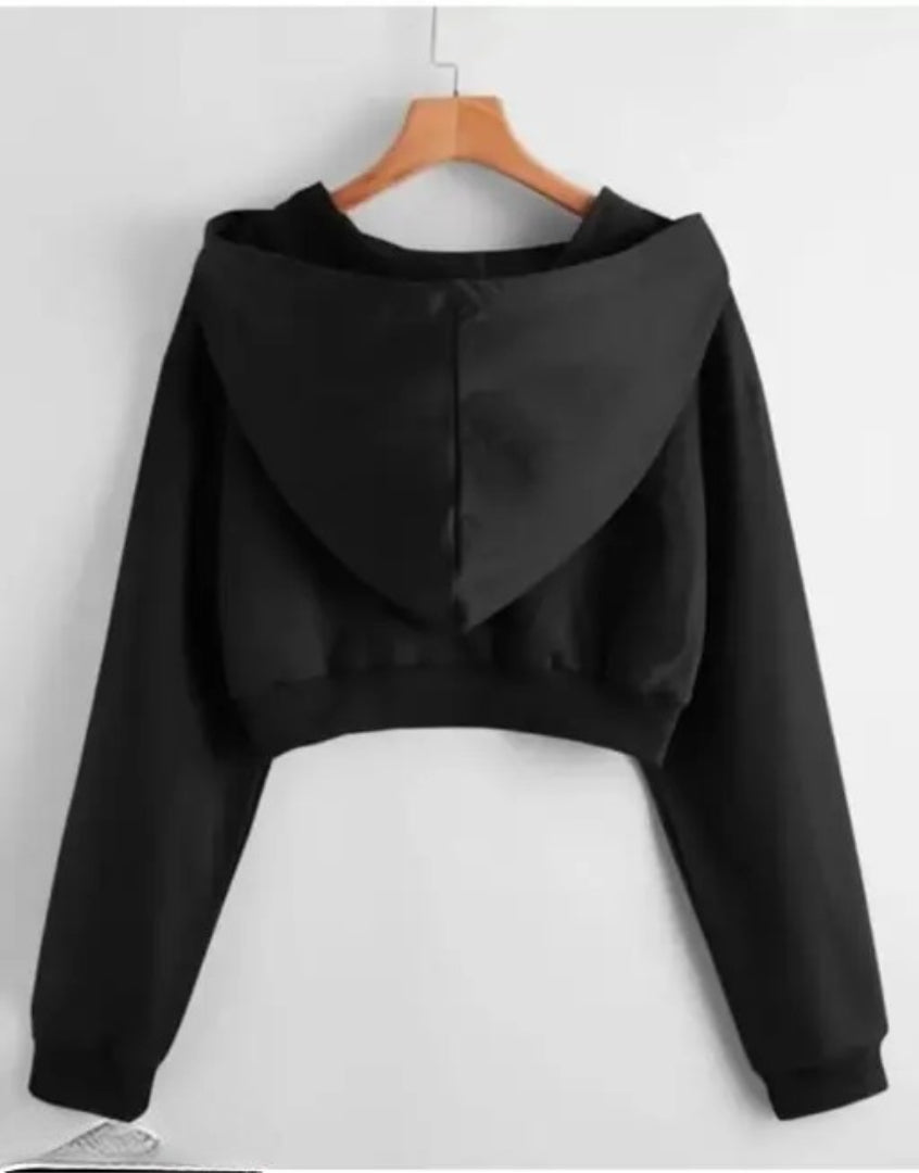 Women Full Sleeve Solid Black Hooded Sweatshirt