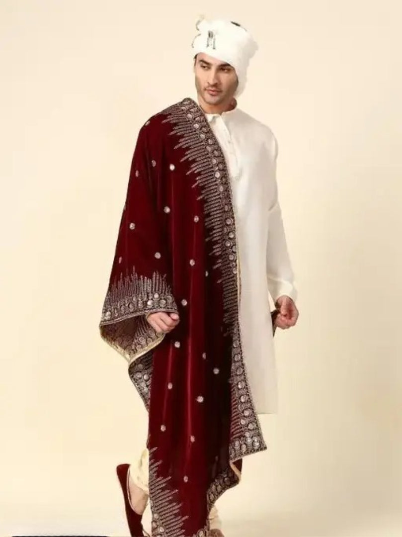 Men's Maroon Velvet Embroidered Dupatta for Sherwani | Wedding Groom Stole