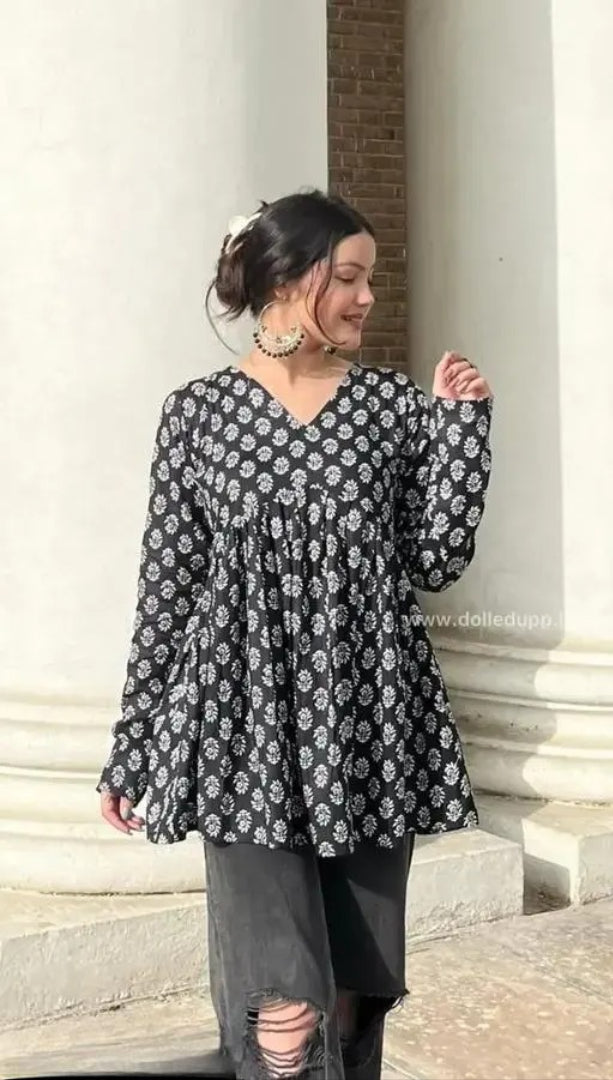 Cotton Beautiful Black Printed Women top And Tunics for women ,New Trendy Short Kurtis For Girls