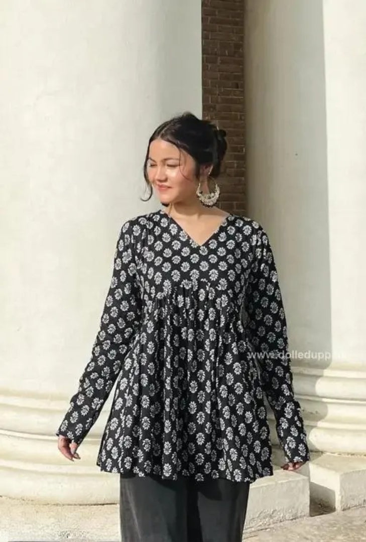 Cotton Beautiful Black Printed Women top And Tunics for women ,New Trendy Short Kurtis For Girls
