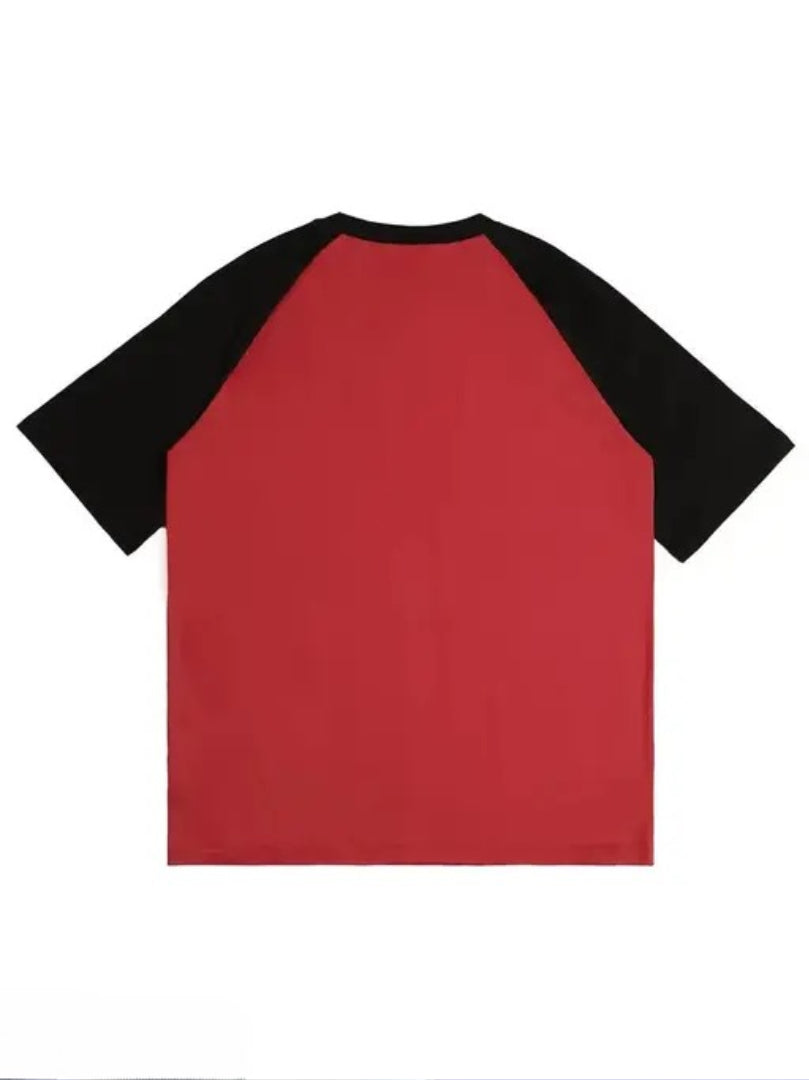 Sixteenlines Graphic Printerd Round Neck Red Colour Raglan Sleeves Oversize T-Shirt
