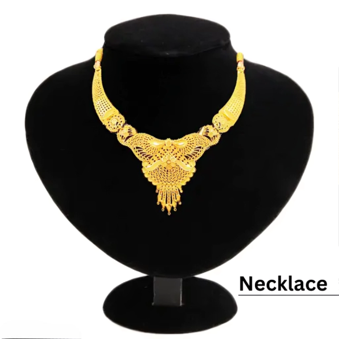 SDR Golden Necklace with earrings nathiya maangtika and bracelet set jewellery set