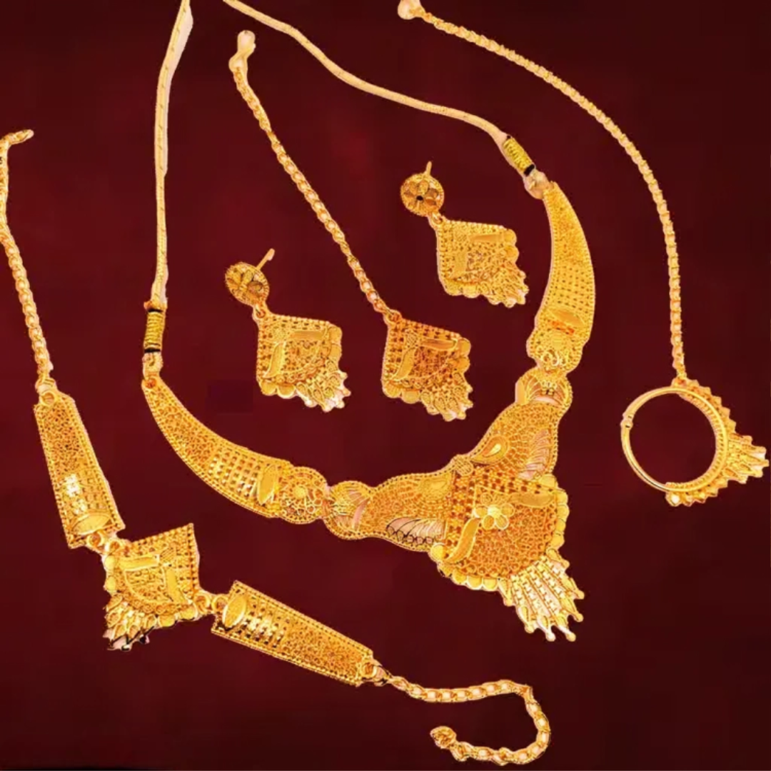 SDR Golden Necklace with earrings nathiya maangtika and bracelet set jewellery set