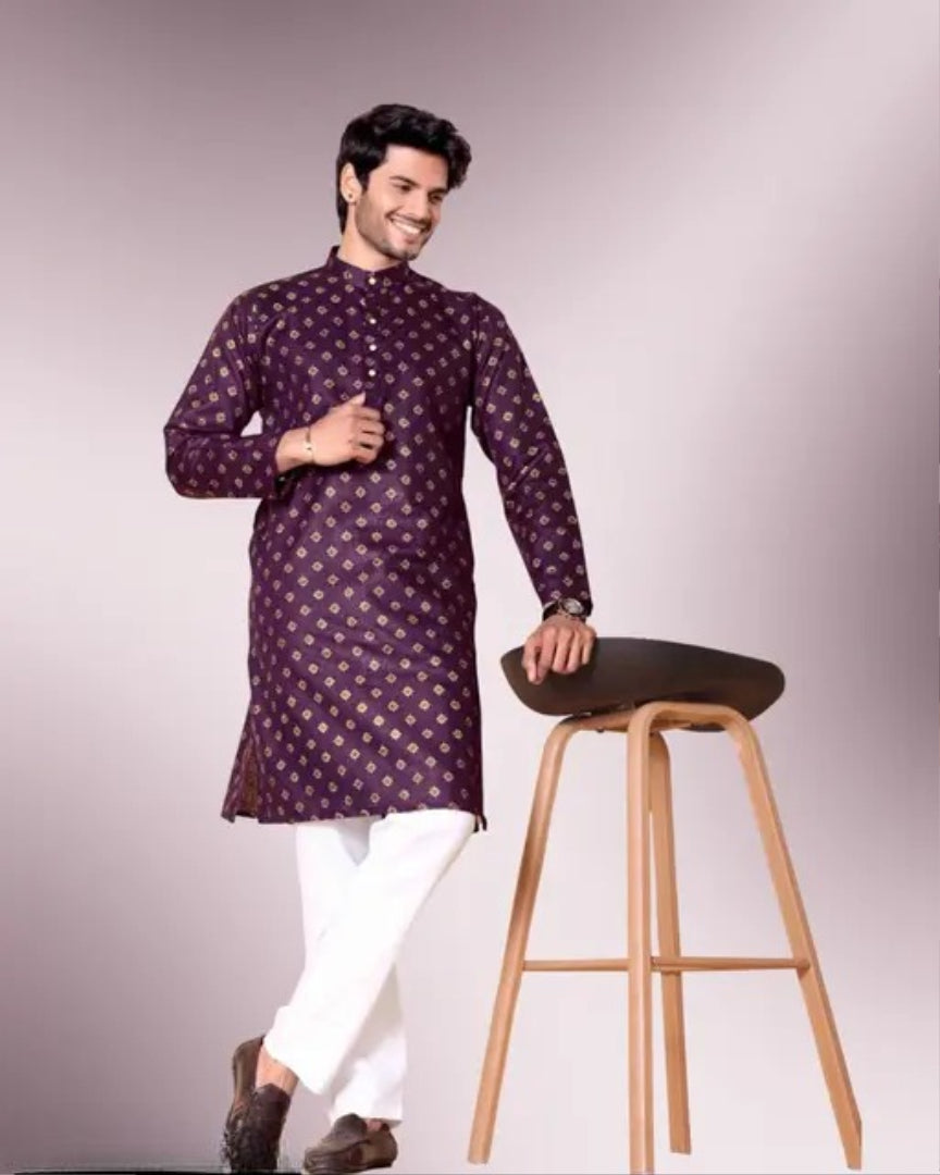 (ONLY KURTA) Traditional Embroidery Foiled Work Kurta For Mens