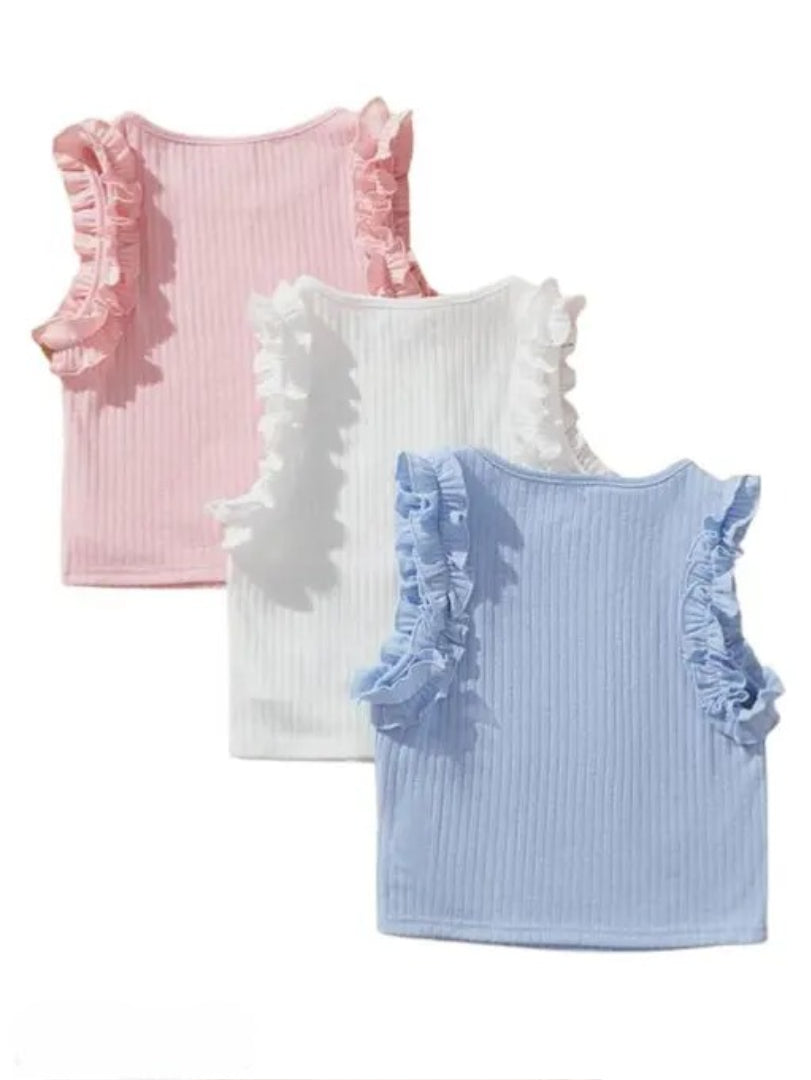 Girls Ribbed Sleeveless Cotton Ruffle Tops - Pack of 3 (Pink, White, Blue)