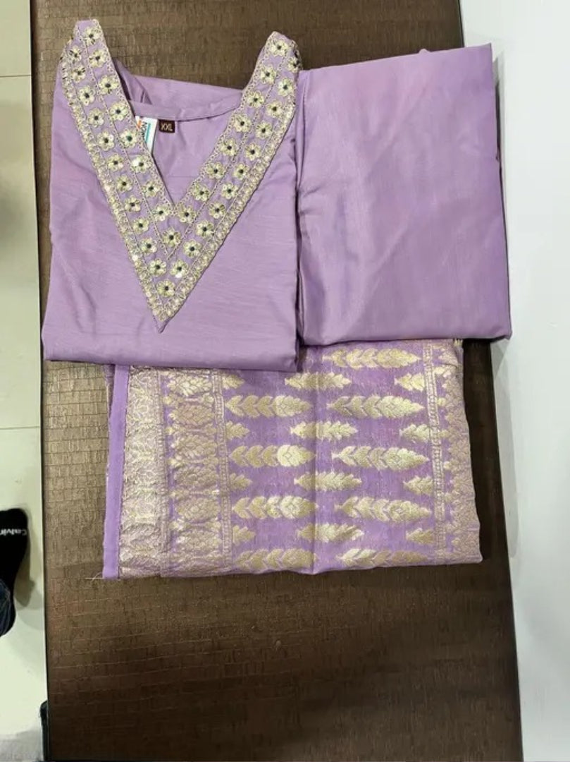 Women's Lavender Colour Rayon Slub V-neck Embroidered Straight Kurta Pant with Dupatta sat