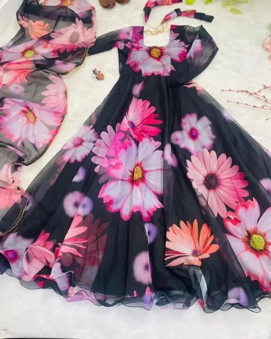 Women's stylish designer georgette full length fancy's gown kurti with dupatta set