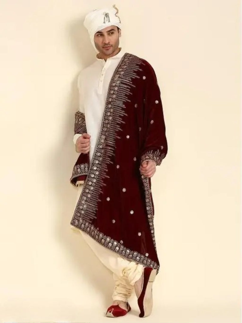 Men's Maroon Velvet Embroidered Dupatta for Sherwani | Wedding Groom Stole